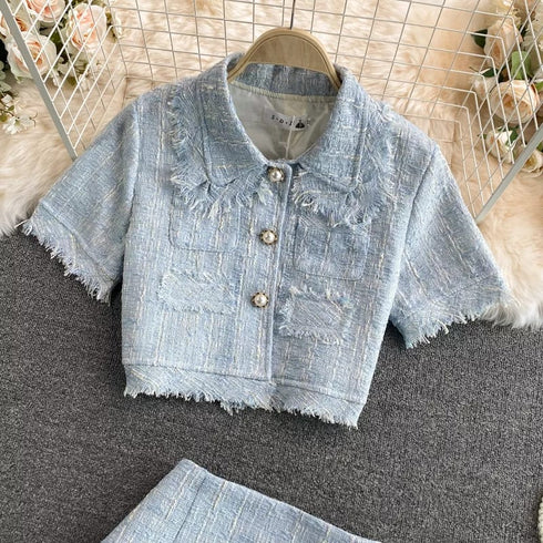 HELLO Vintage Two Piece Set Single Breasted Tassel Top with Mini Skirt